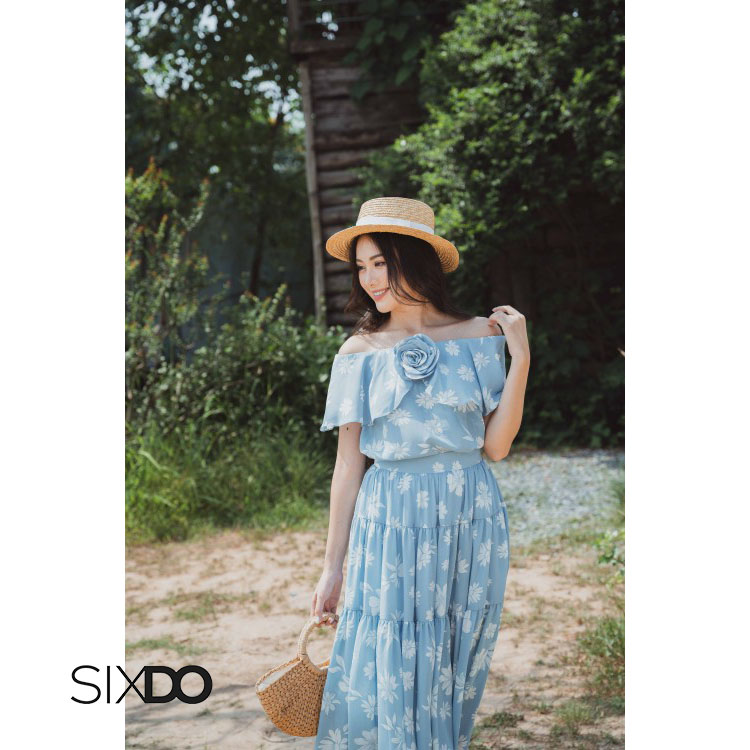Chân váy xanh voan hoa SIXDO (Light Blue Floral Midi Voile Skirt)