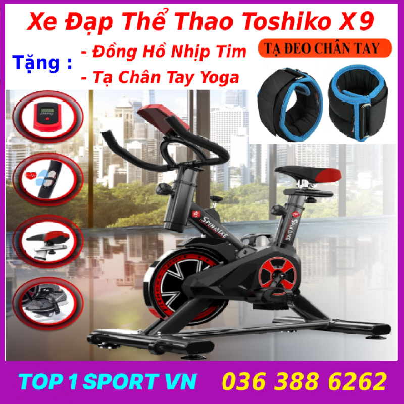 Xe đạp tập thể dục thể thao tập gym tại nhà Toshiko X9 Spinbike tặng tạ đeo chân cao cấp + đồng hồ cảm biến nhịp tim, bảo hành 3 năm