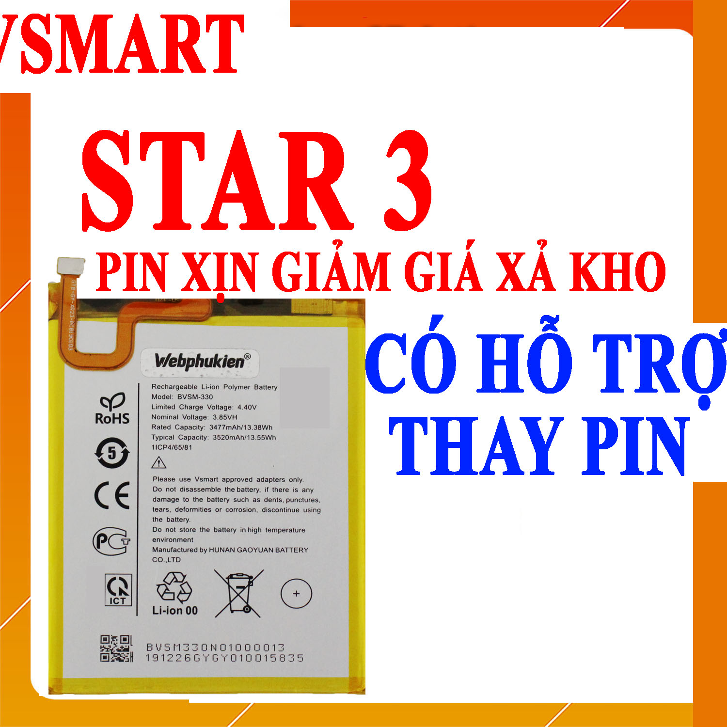 Pin scud cho vsmart star 3 bvsm-330 dung lượng 3520mah