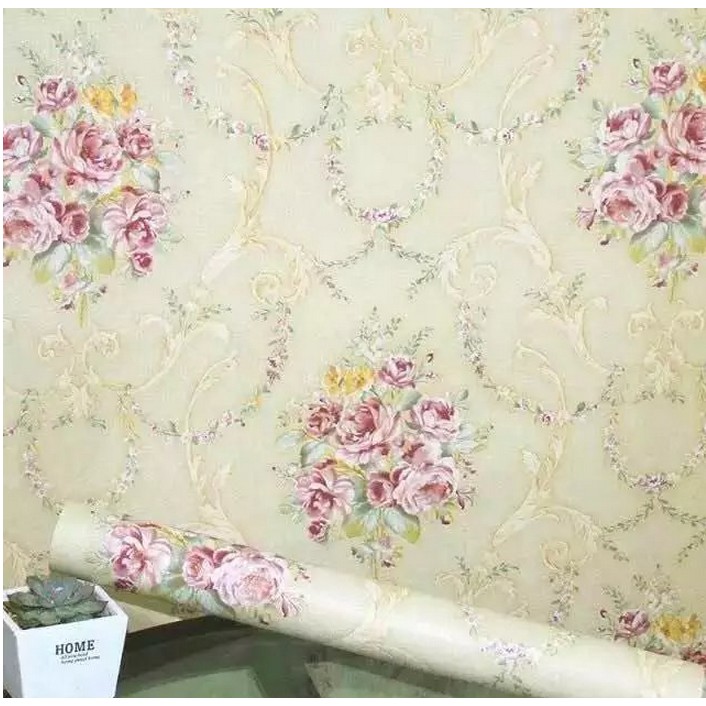 Decal giấy dán tường hồng chùm cổ điển vàng kem khổ rộng 0.45m