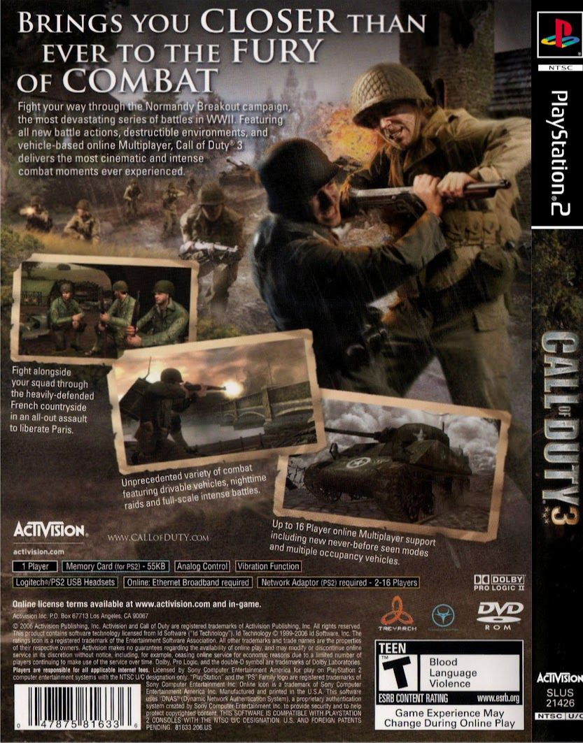 Đĩa game PS2, Call of Duty: 3 (bắn súng góc nhìn thứ nhất) cho PS2