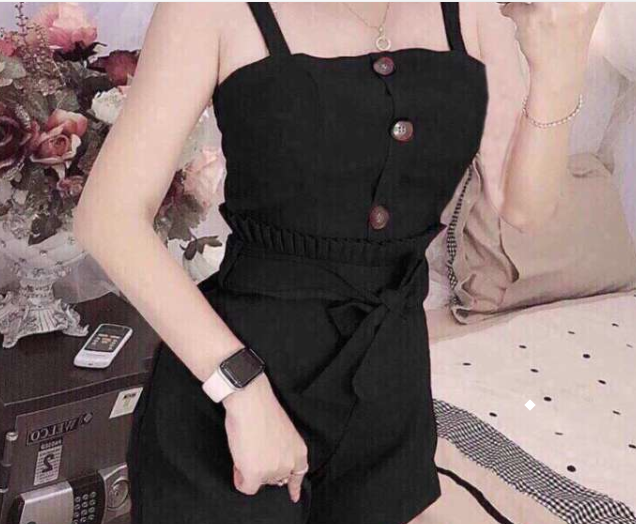 Jumsuit nữ quần đùi áo 2 dây xếp ly eo cột nơ