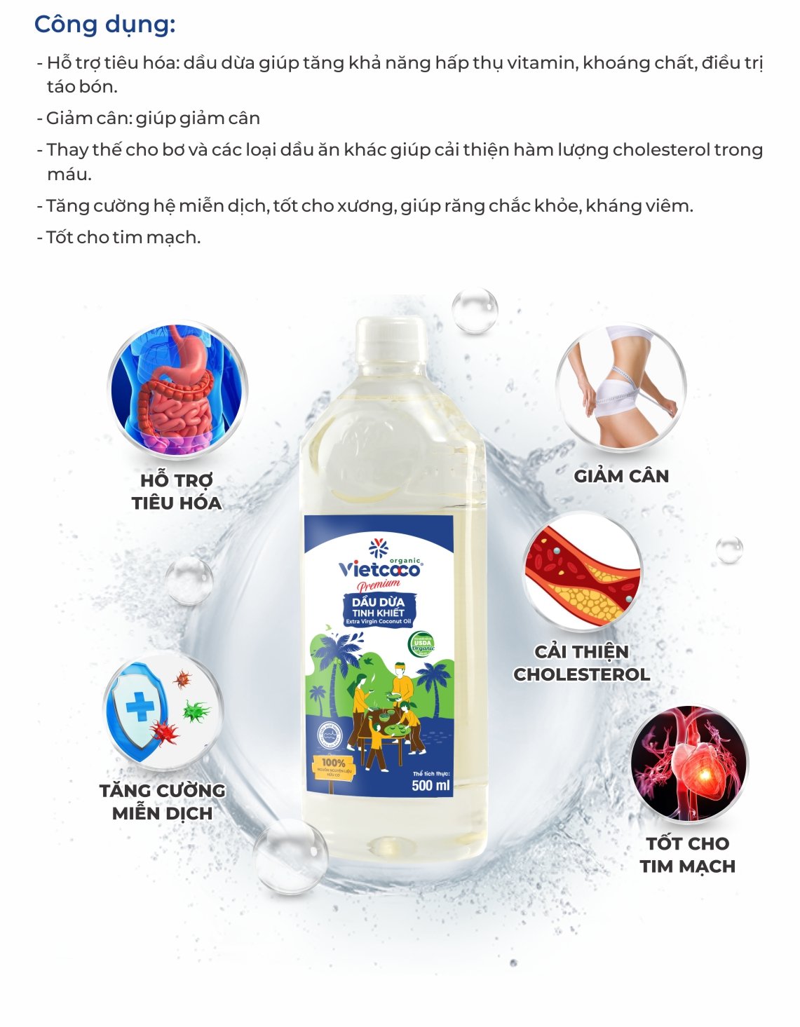 Dầu dừa tinh khiết Organic VIetcoco  (thực phẩm) - chai 500ml