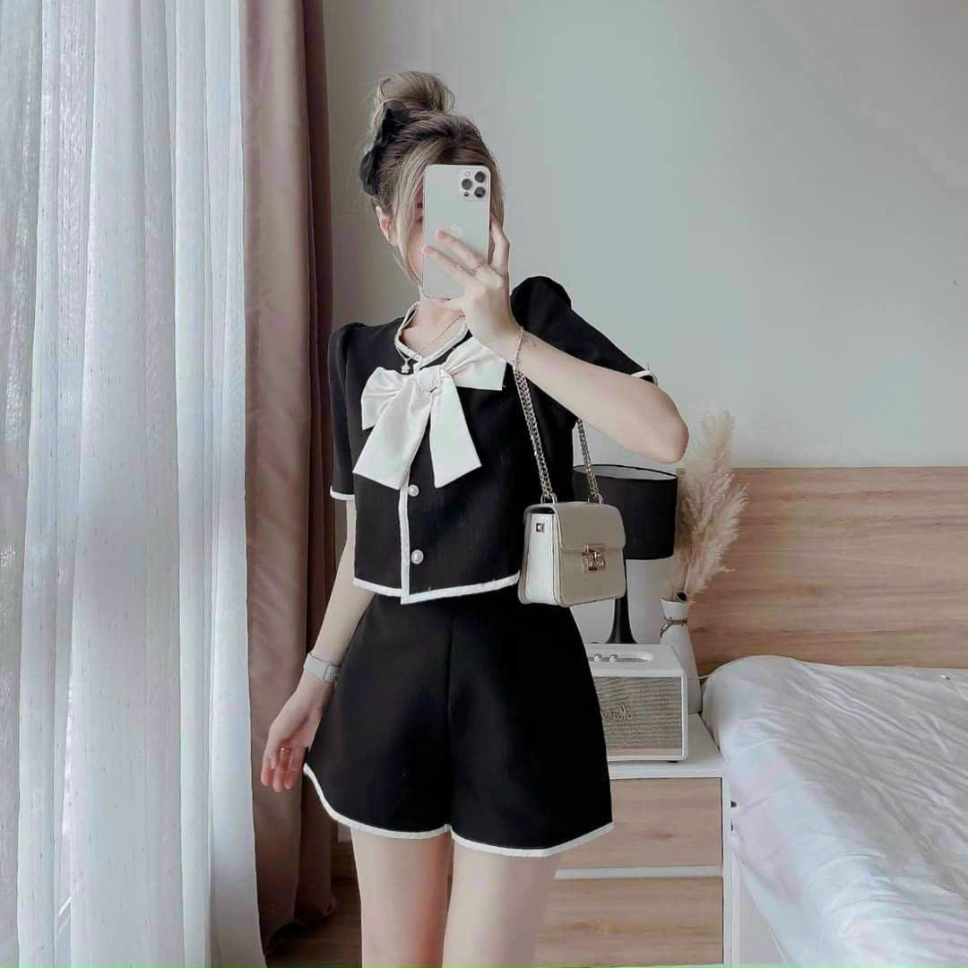 Sét bộ đùi áo viền kèm nơ vải xốp mềm siêu xinh