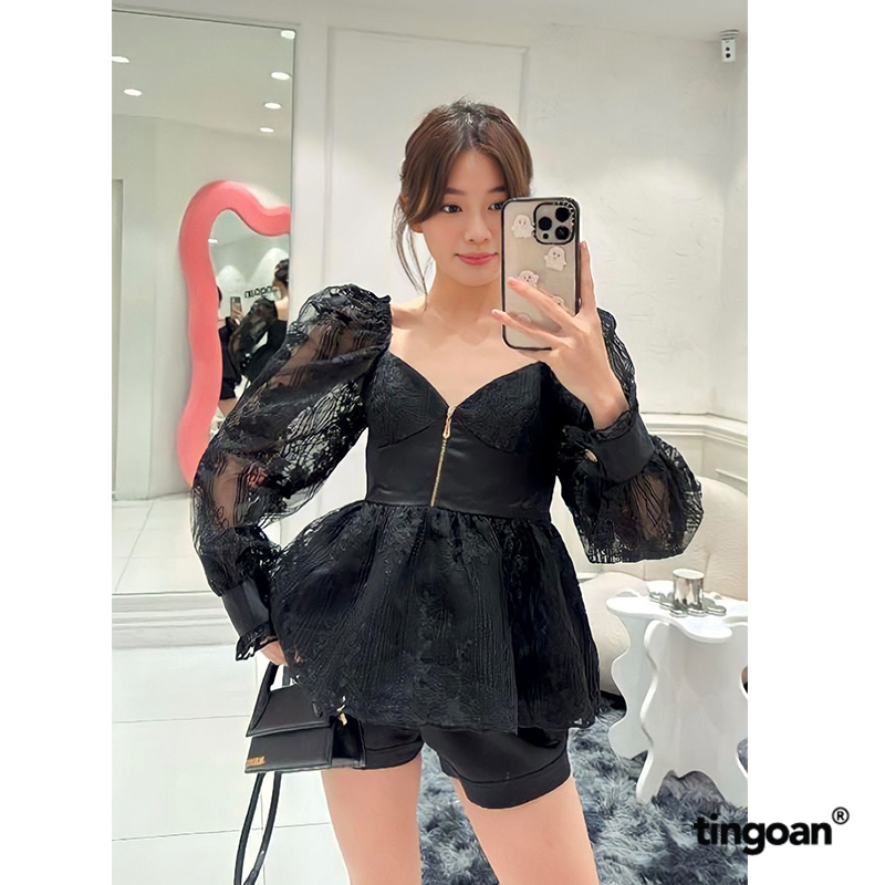 Tingoan® - áo blouse đen cúp ngực phối khóa kéo ngực sui he top/bl
