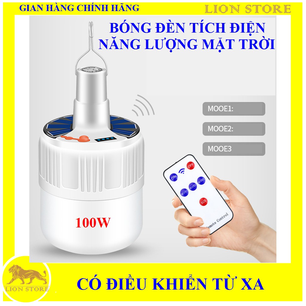 Bóng Đèn Led Tích Điện Năng Lượng Mặt Trời 100w - Có Điều Khiển Từ Xa - 5 Chế Độ Sáng - DEN-TICH-DIEN-100W