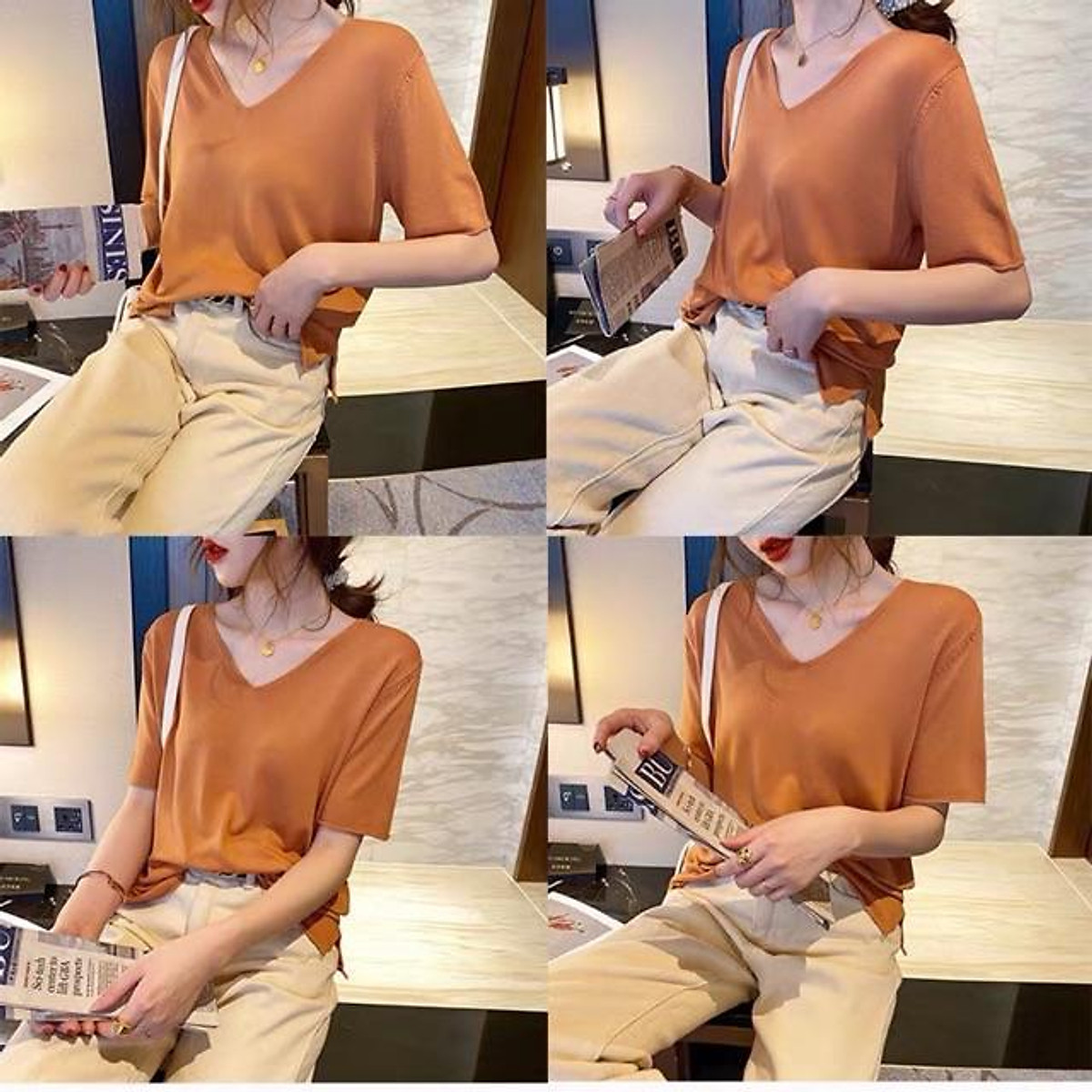Áo thun cổ tim dáng suông basic