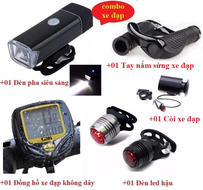 Combo đủ phụ kiện cho xe đạp của bạn Đồng hồ đo tốc độ xe đạp không dây+Đèn pha siêu sáng cho xe đạp+Đèn led hậu có móc cài +Còi siêu thanh thanh cho xe đạp + Tay nắm sừng xe đạp- GIẢM GIÁ HÔM NAY