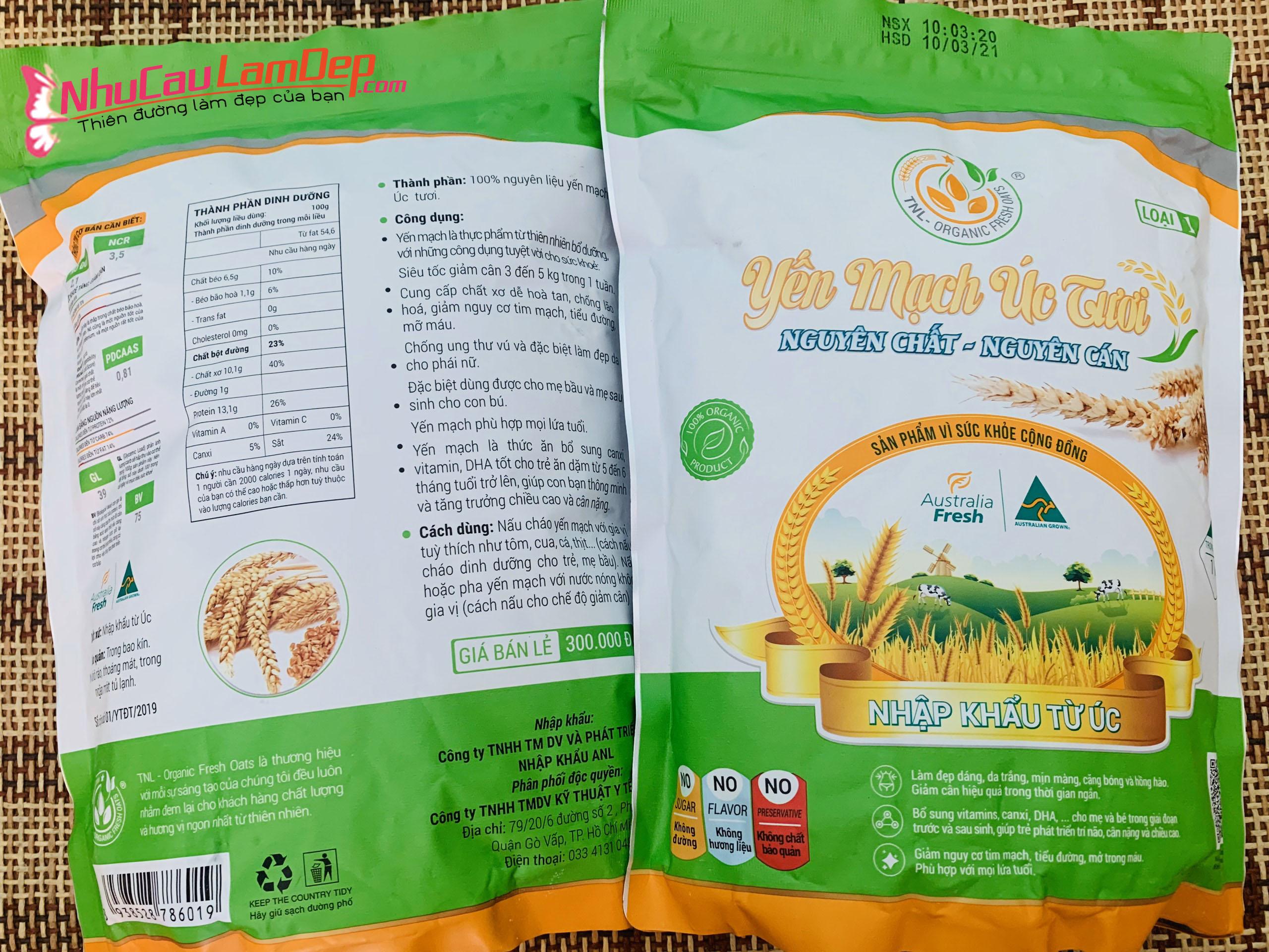 Yến Mạch Oats Úc Tươi Nguyên Chất túi 1kg (Nguyên Cán)