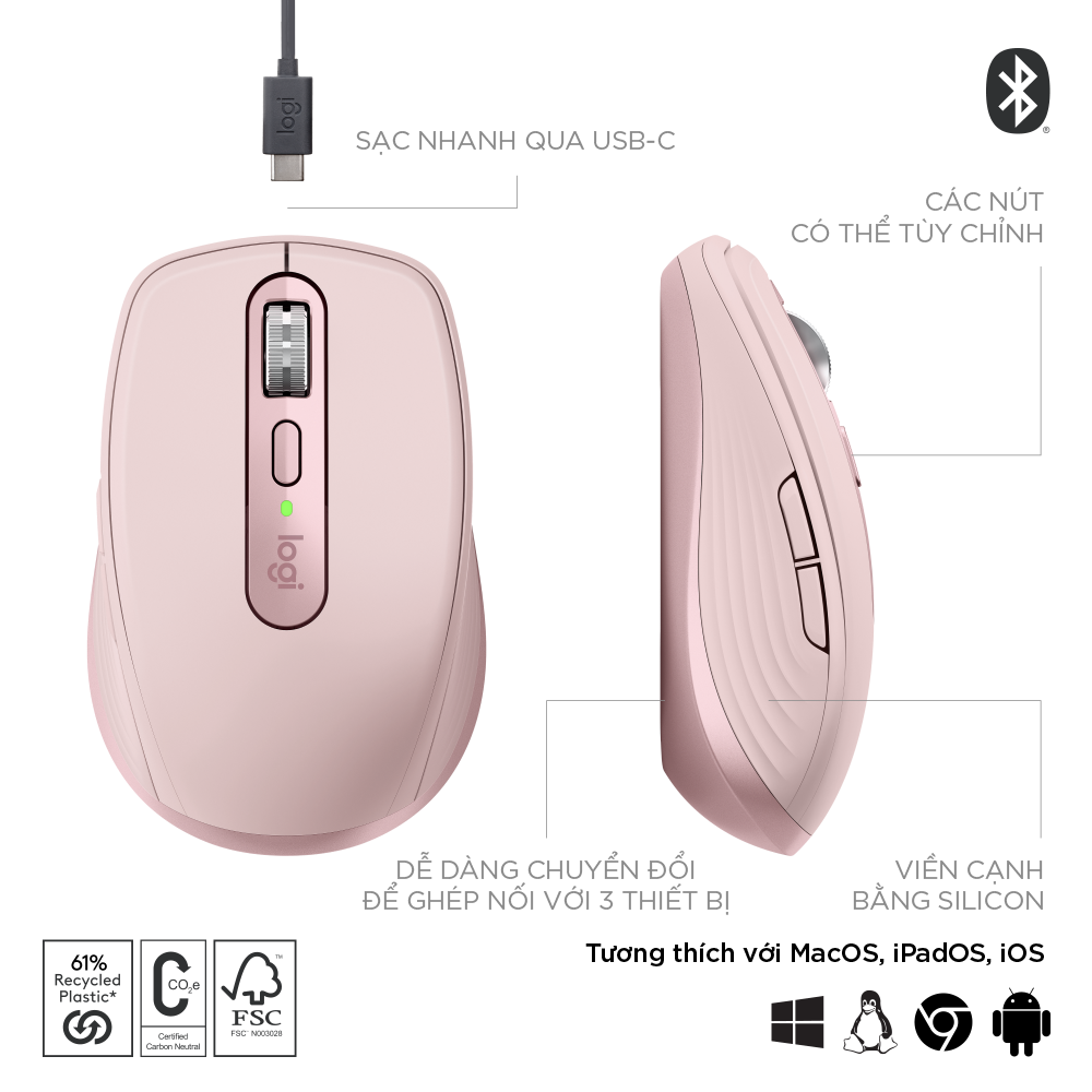 Chuột không dây Logitech MX Anywhere 3S Silent - Cuộn nhanh, 8000 DPI, lướt trên mọi bề mặt, USB C, Bluetooth, Windows PC, Linux, Chrome, Mac