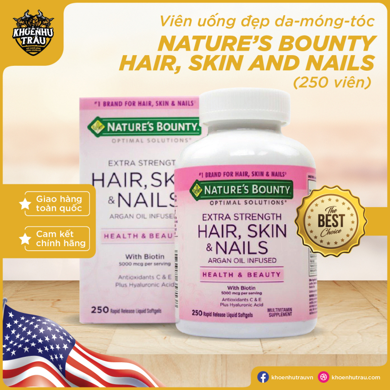 [Chính hãng] Viên uống đẹp da-móng-tóc Nature’s Bounty Hair, Skin and Nails 250 viên của Mỹ