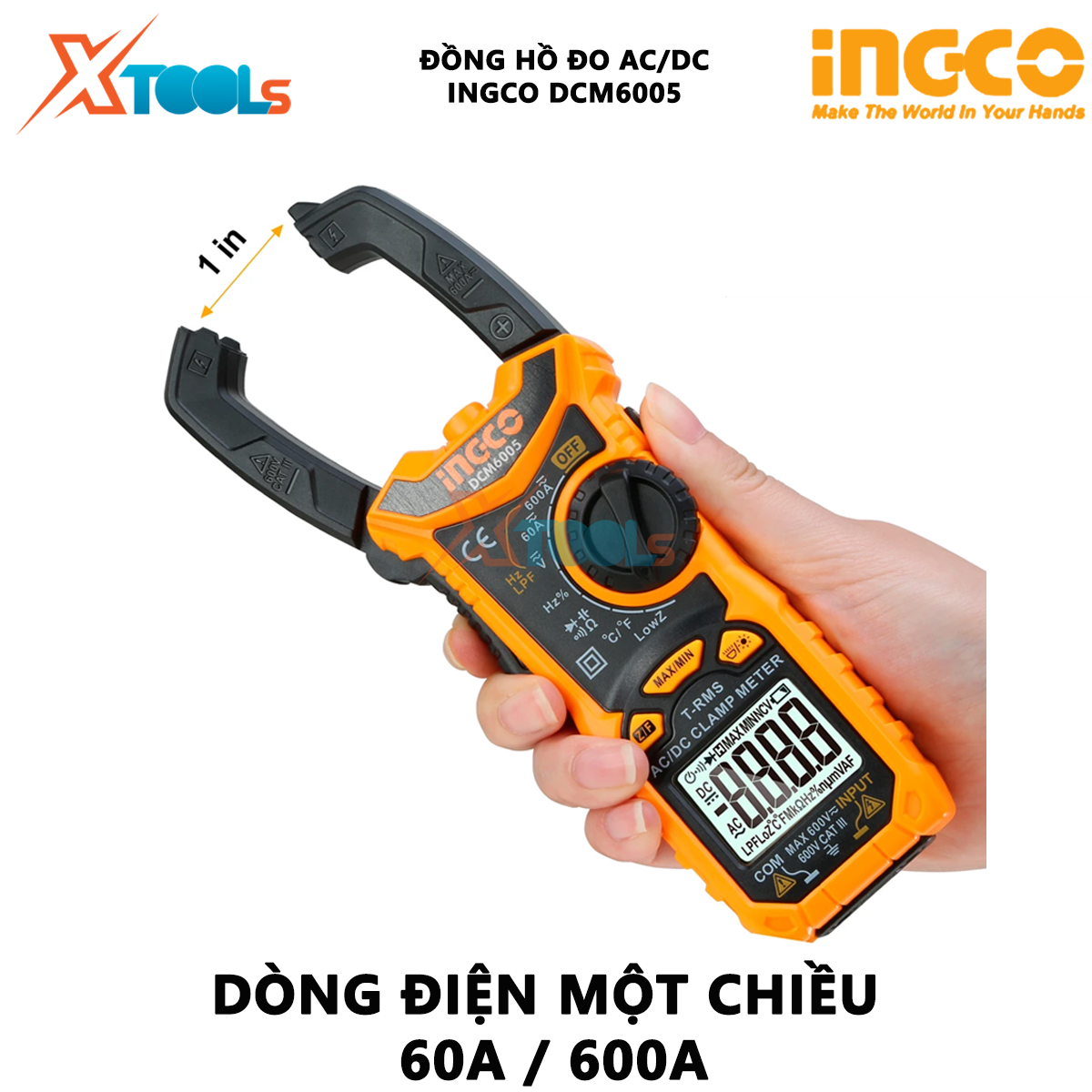 Đồng hồ kẹp AC/DC INGCO DCM6005 Ampe kìm 6000 số lưu dữ liệu, Dòng điện 60A / 600A đo dòng điện, điện áp hoặc điện trở XTOOLs