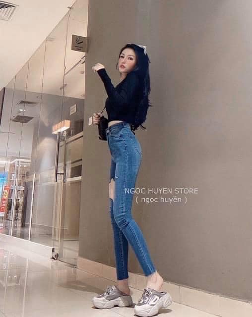 Quần jeans nữ ôm giãn rách đùi cá tính AD22