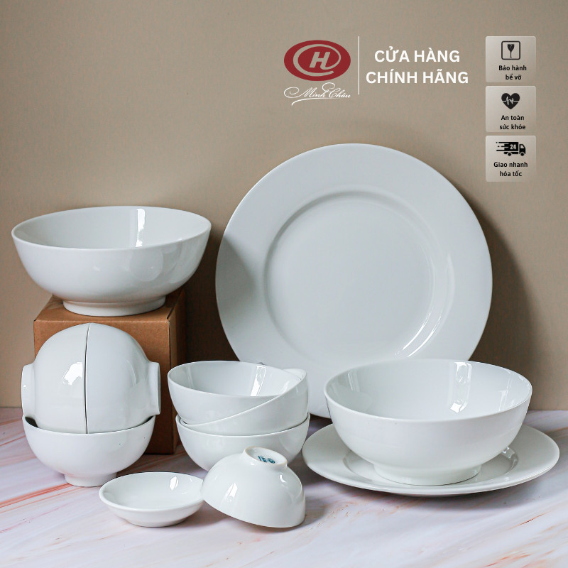 Bộ Bát Đĩa Trắng Trơn 12 Món - Sứ Minh Châu