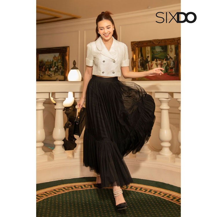 Áo Vest nữ trắng dáng lửng SIXDO (White Rose Cropped Brocade Vest)