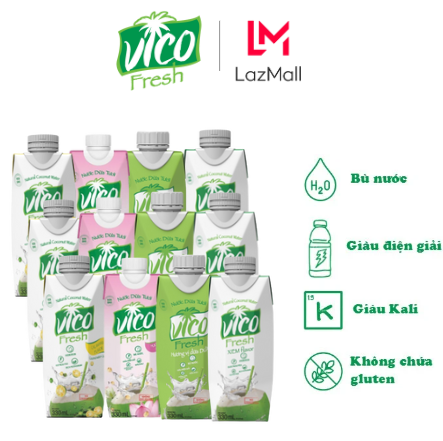 Combo 12 Hộp Nước Dừa Vico Fresh 330ml (3 Sen, 3 Tắc, 3 Xiêm, 3 Dứa)