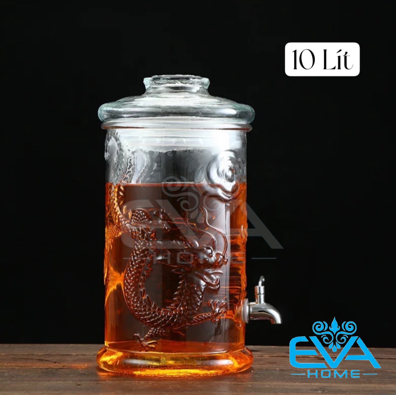 Bình Ngâm Thuỷ Tinh 10 Lít Có Van Dáng Trụ Hoa Văn Rồng - TR10LV M1022