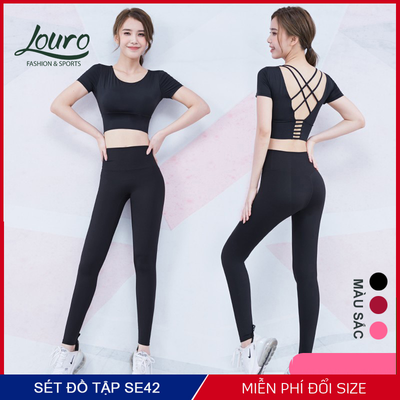Quần áo tập yoga Louro SE42, kiểu bộ đồ tập yoga nữ gồm quần tập trơn dài và áo croptop đan dây, co giãn 4 chiều