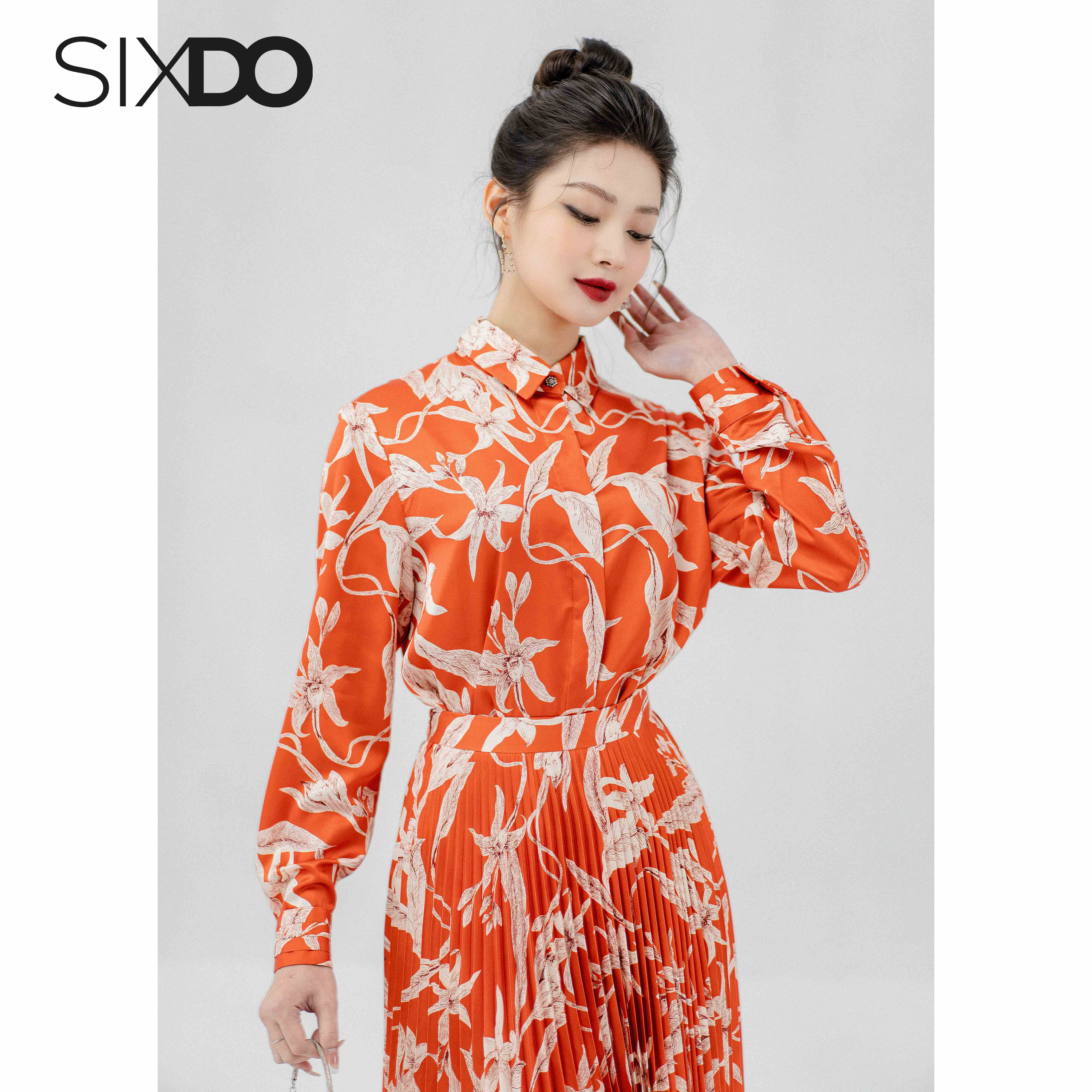 Chân váy lụa cam xếp ly SIXDO (Dark Orange Floral Pleated Midi Silk Skirt)