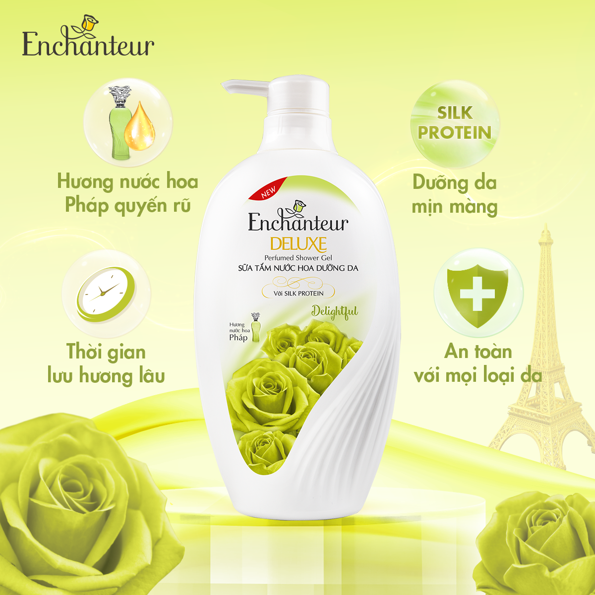 Combo quà tặng Enchanteur cao cấp (Sữa tắm Delightful 650gr, Nước hoa bỏ túi Enchanteur Delightful 18ml/hộp)