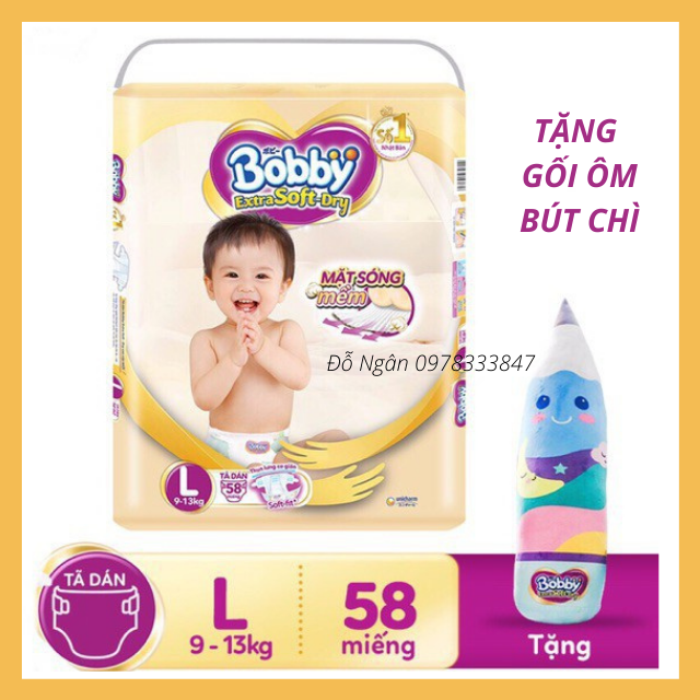 [HCM][TẶNG GỐI ÔM BÚT CHÌ] Có Đủ Size Bỉm/Tã Dán Bobby Vàng Siêu Mềm L58 (HSD:T11/2022-2023)