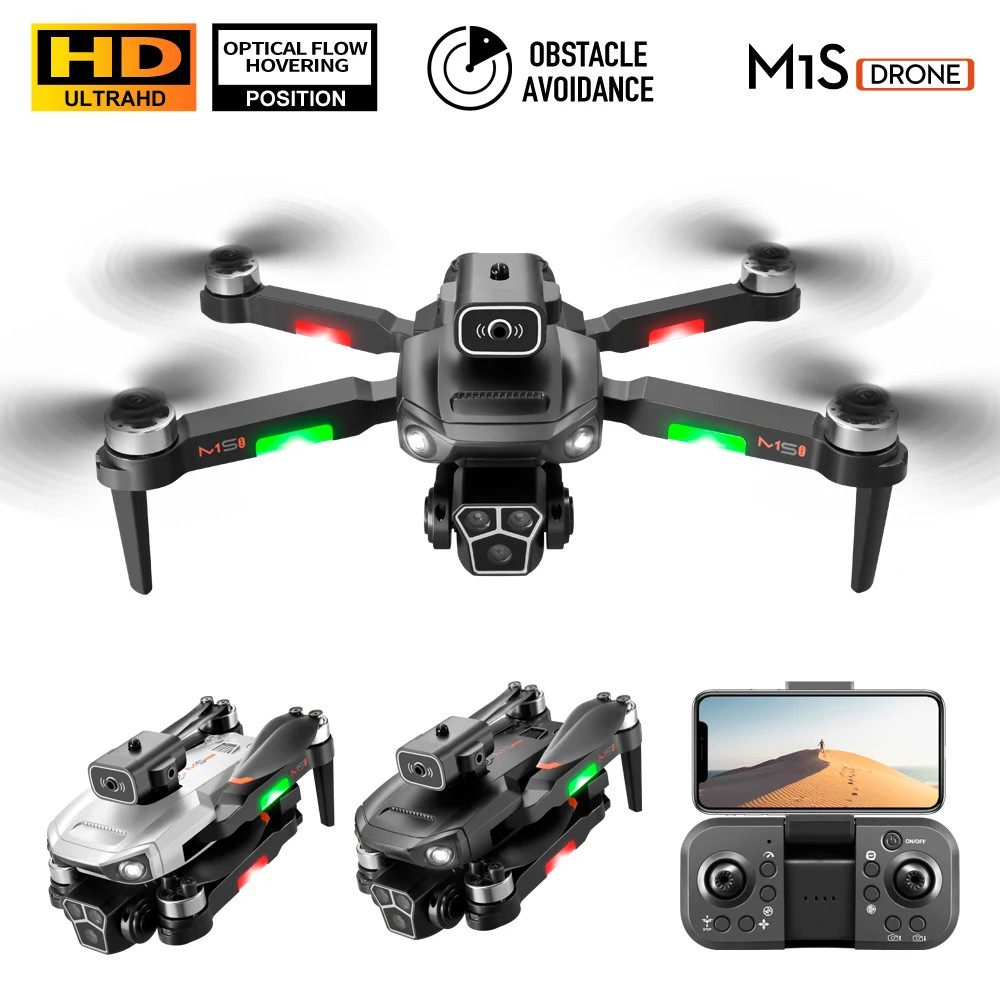 Flycam mini 4k full HD M1s có 3 camera, Máy bay điều khiển từ xa 4 cánh, Phờ lai cam giá rẻ, Máy bay camera cao cấp, cảm biển chống va chạm, tầm bay 500m, pin trâu 25 phút