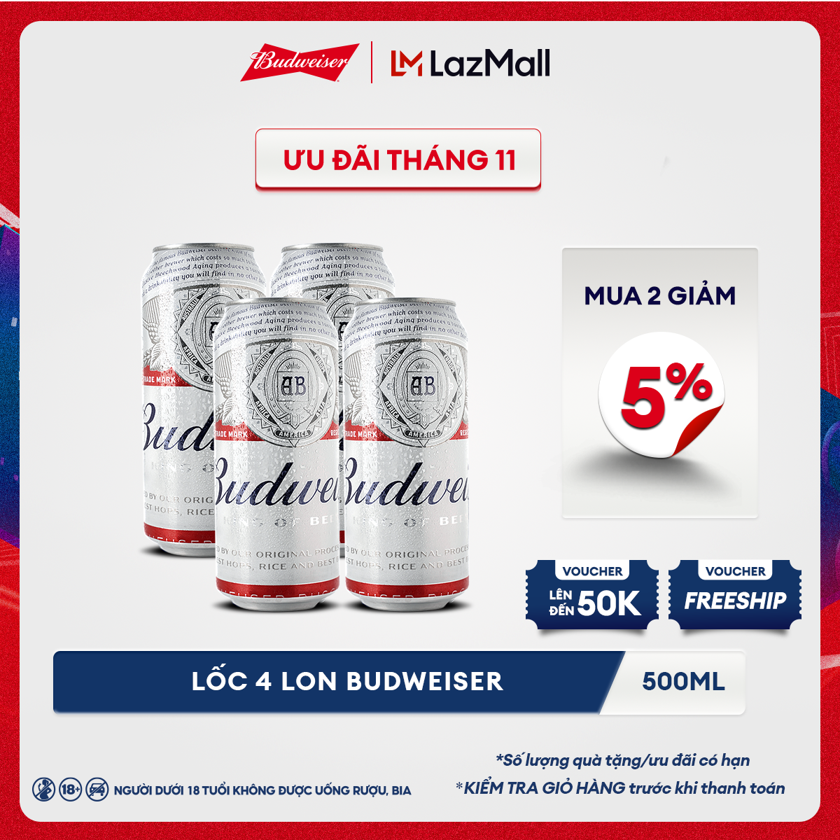 Lốc 4 lon bia Budweiser (500ml/lon)