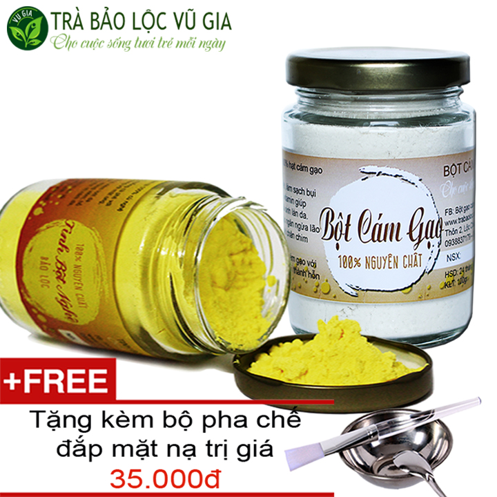 Combo Bột Cám Gạo + Tinh Bột Nghệ - Nguyên Chất Vũ Gia (100g/hũ) + Tặng Bộ Đắp Mặt Nạ Inox Cao Cấp - Hỗ trợ làm đẹp, dưỡng da, cải thiện dạ dày tiêu hóa, đại tràng - Đã được kiểm nghiệm y tế