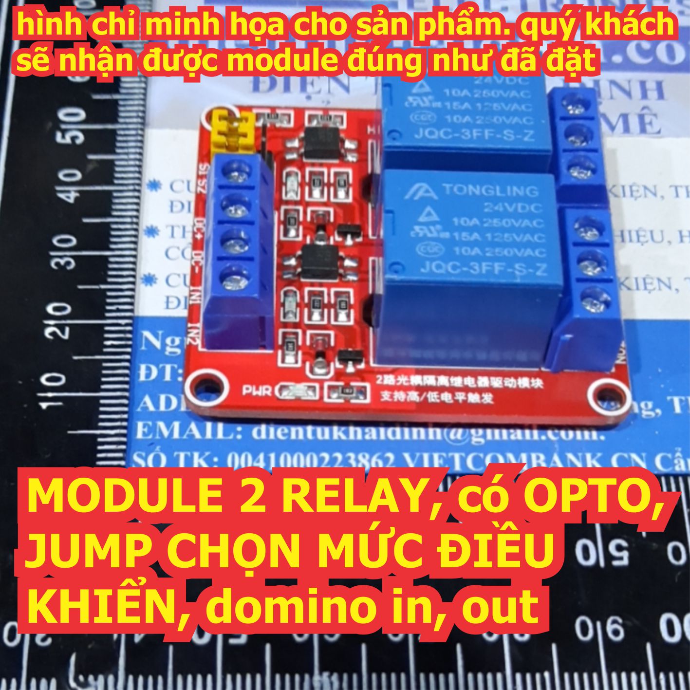 MODULE 2 RELAY, có OPTO, JUMP CHỌN MỨC ĐIỀU KHIỂN, domino in, out, relay 5V / 12V / 24V kde2990
