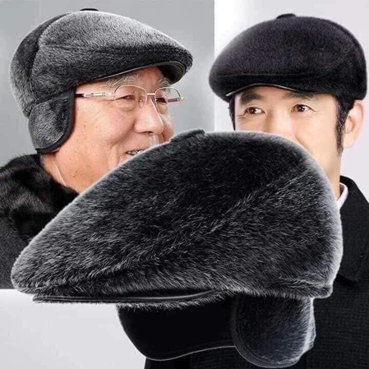 Mũ Beret Nam trung niên chất da PU lót lông cao cấp có che tai Mũ ông già có bịt tai siêu ấm Nón nồi nam