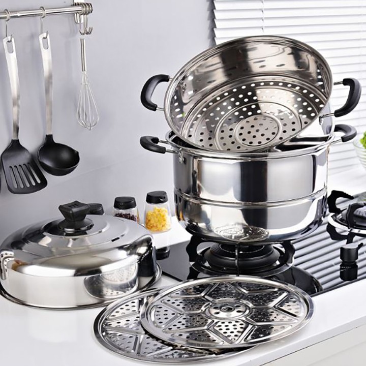 3-layer stainless steel steamer 28cm [Super durable] convenient - Can be folded - easily separated - Suitable for all types of cookers