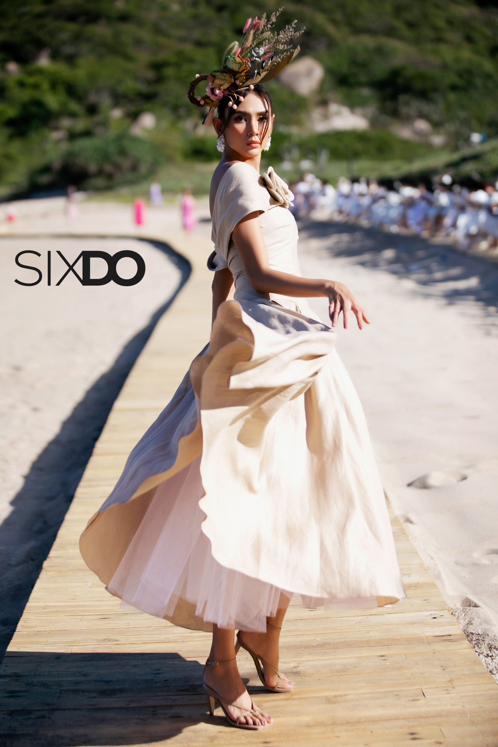 Đầm trễ vai linen dáng phồng SIXDO (Nude Off-shoulder Midi Linen Dress)