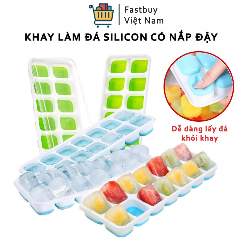Khay làm đá silicon có nắp, khay chứa, dự trữ bảo quản đồ ăn dặm, tránh bị mùi tủ lạnh an toàn cho sức khỏe