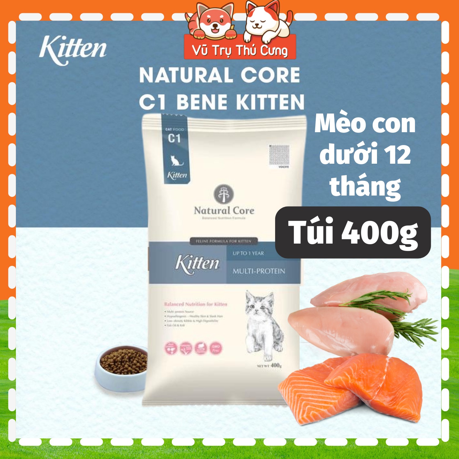 Hạt hữu cơ cho mèo con natural core bene c1, gói 400g