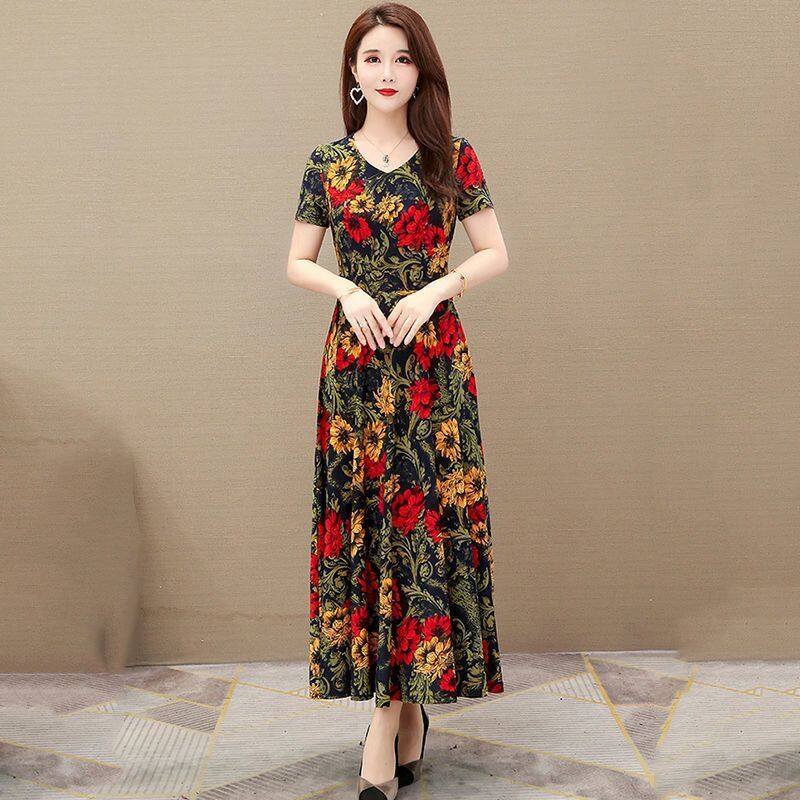 Valazo Middle-aged and elderly mothers wear long dresses 2020 summer new printed large skirts show thin temperament knee-length dress