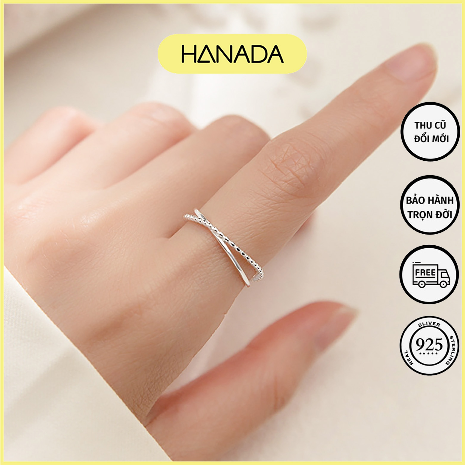 Nhẫn bạc 925 hanada hai đường chéo trơn xoắn freesize đơn giản không đá 1051
