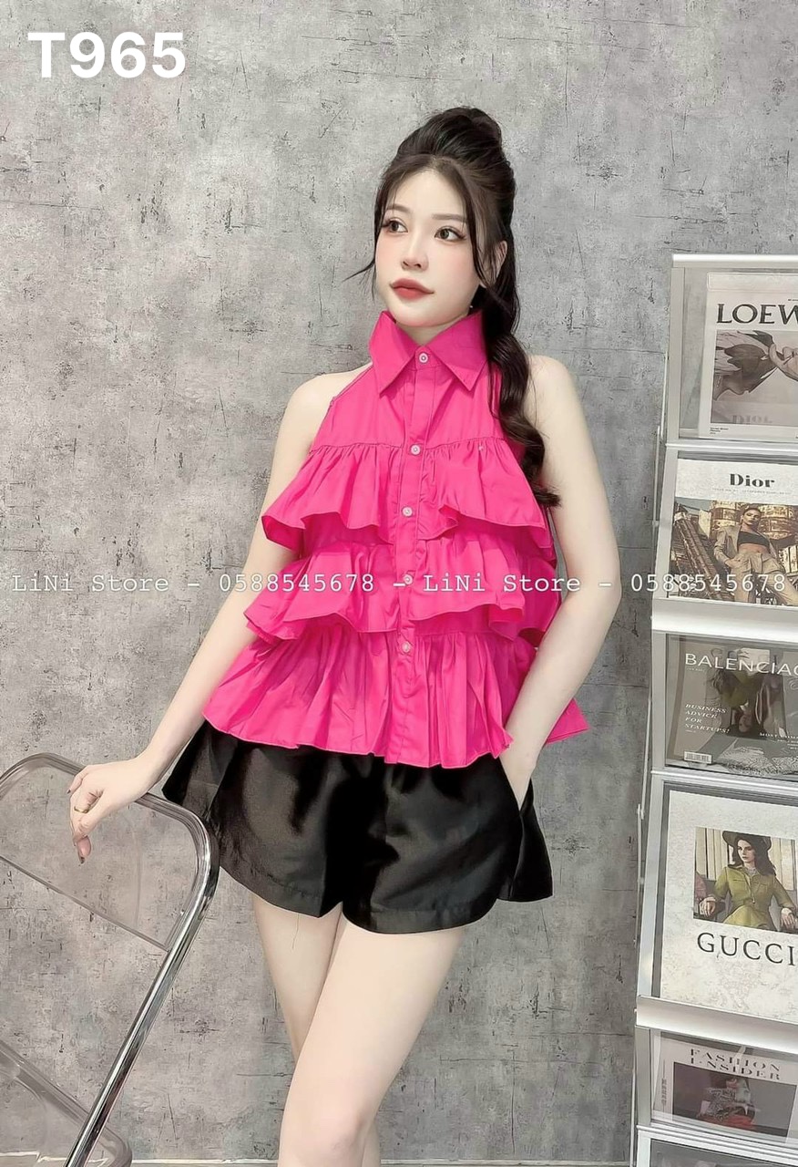 Bộ dạo phố áo cổ sơmi nữ xếp tầng kèm quần ngắn nữ lụa tapta T965a