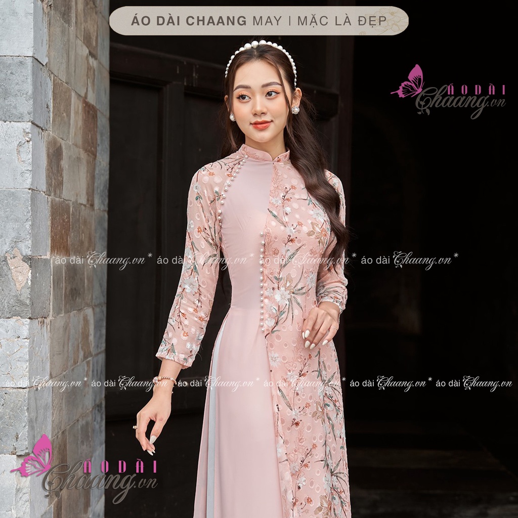 Áo dài hoa nhí da hồng Chaang may sẵn Áo dài 4 tà truyền thống đính đá ngọc đẹp cao cấp