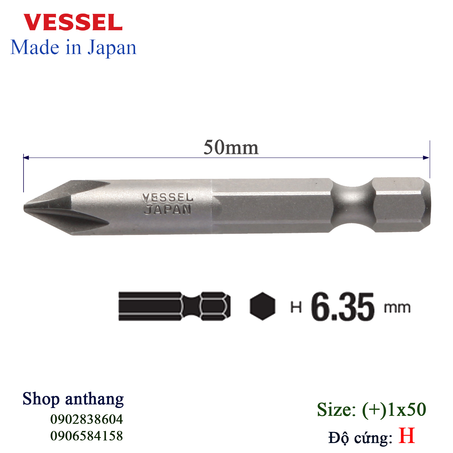 Mũi vặn vít B35 đầu (+)1 chuôi lục giác H = 6,35mm Vessel (Nhật Bản)