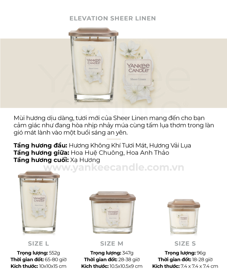 Nến ly vuông Elevation Yankee Candle size M - Sheer Linen