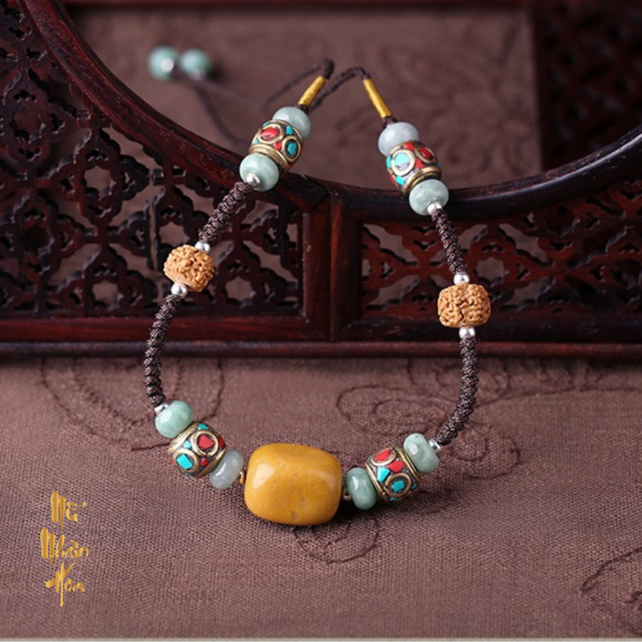 VC108 Vòng Cổ Đá Thạch Anh Vàng, Ngọc Phỉ Thuý, Hạt Bồ Đề