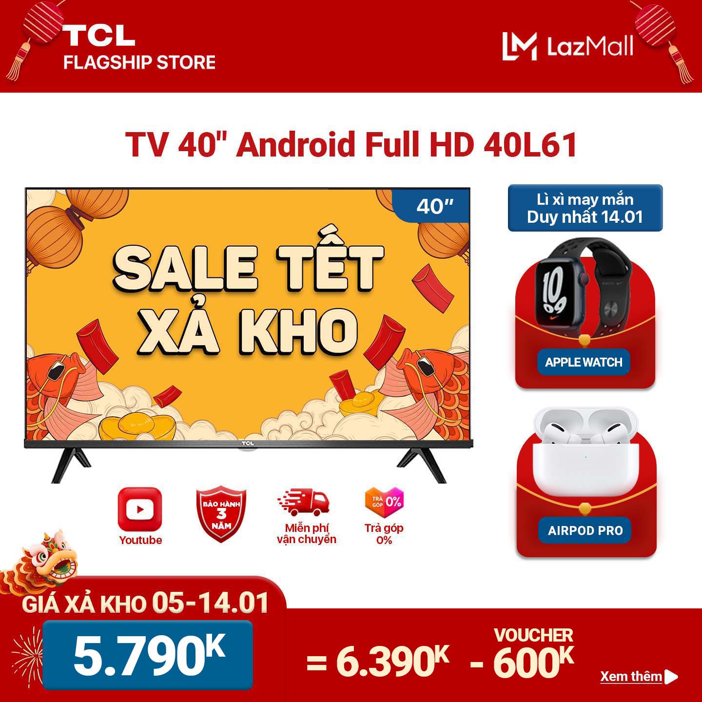 [GIÁ SỐC 5.790K] [Trả góp 0%]Smart TV TCL Android 8.0 40 inch Full HD .wifi - 40L61 - HDR Dolby Chromecast T-cast AI+IN. Màn hình tràn viền - Tivi giá rẻ chất lượng - Bảo hành 3 năm