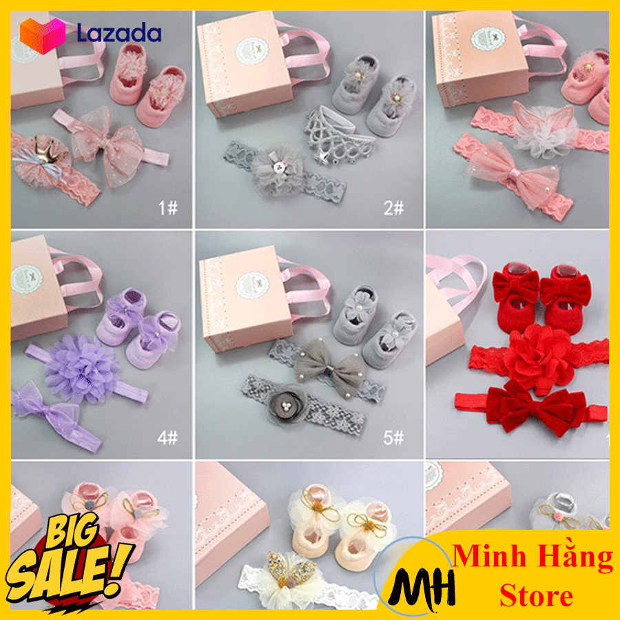 [XẢ KHO- ÁP MÃ GIẢM 20K] Set giày nơ cho trẻ sơ sinh, set 3 món, giày, băng đô em bé siêu đẹp, giày chống trượt cho bé gái từ 0 đến 6 tháng tuổi