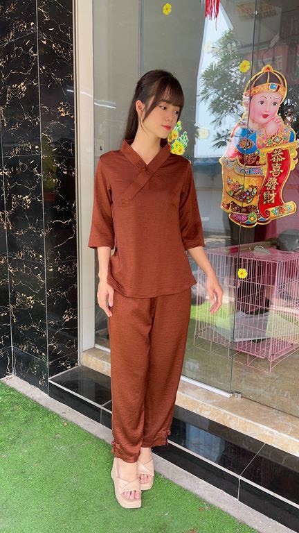 Đồ Lam Đi Chùa #Bộ lụa pháp trơn 1 nút# Quần Áo Nữ