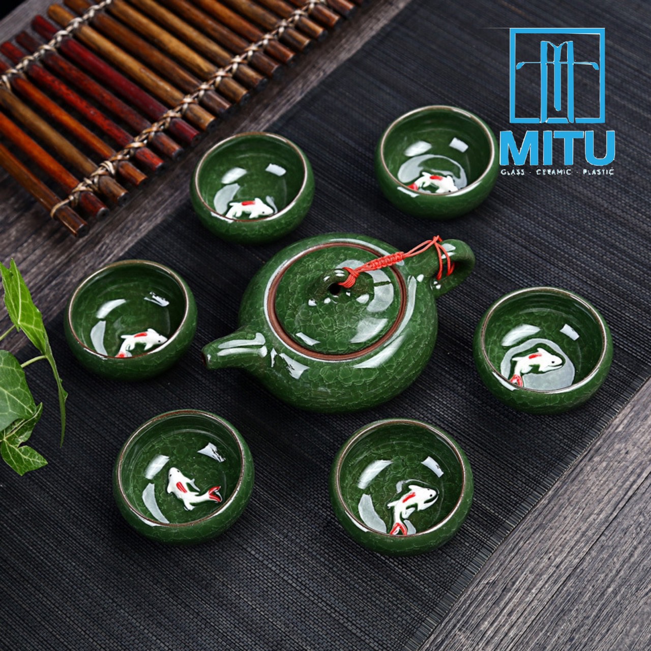 Bộ Ấm 6 Chén Trà Men Ngọc Bích Cá 3D Sang Trọng