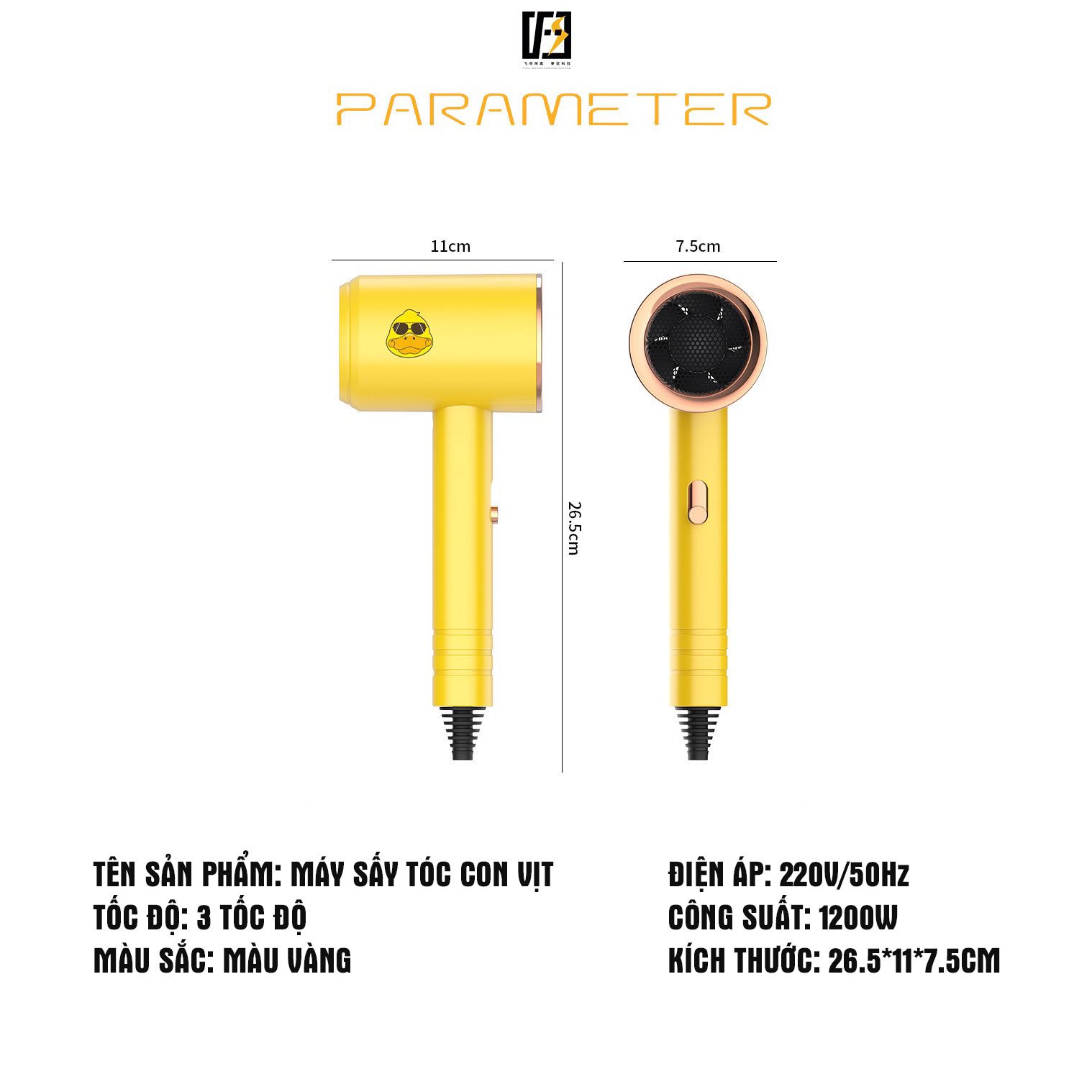 Máy sấy tóc mini PARAMETER công suất 1200W kèm mỏ sấy, 2 chiều nóng lạnh, 3 tốc độ gió