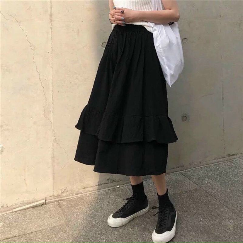 Chân Váy Xòe Phối Tầng Dài Qua Gối