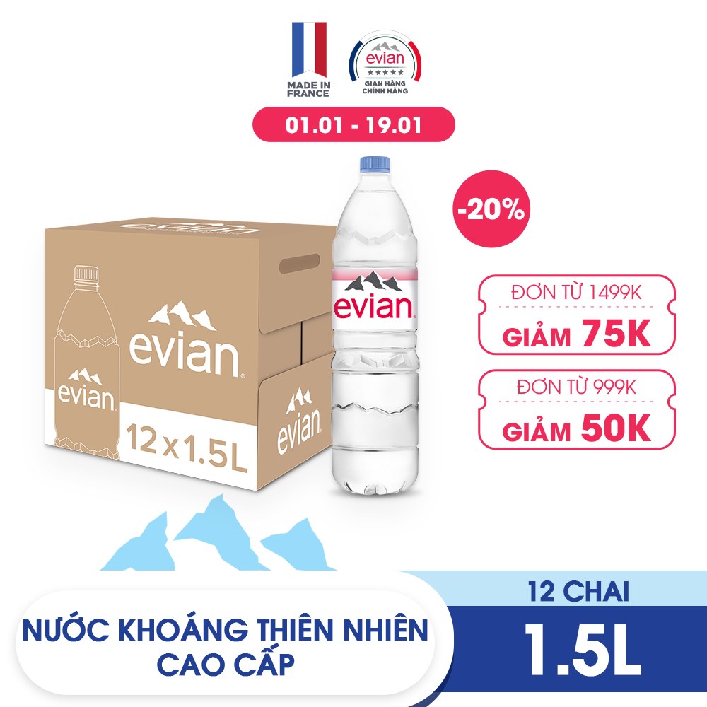 Thùng 12 chai nước khoáng thiên nhiên Evian 1.5L 1.5L x 12