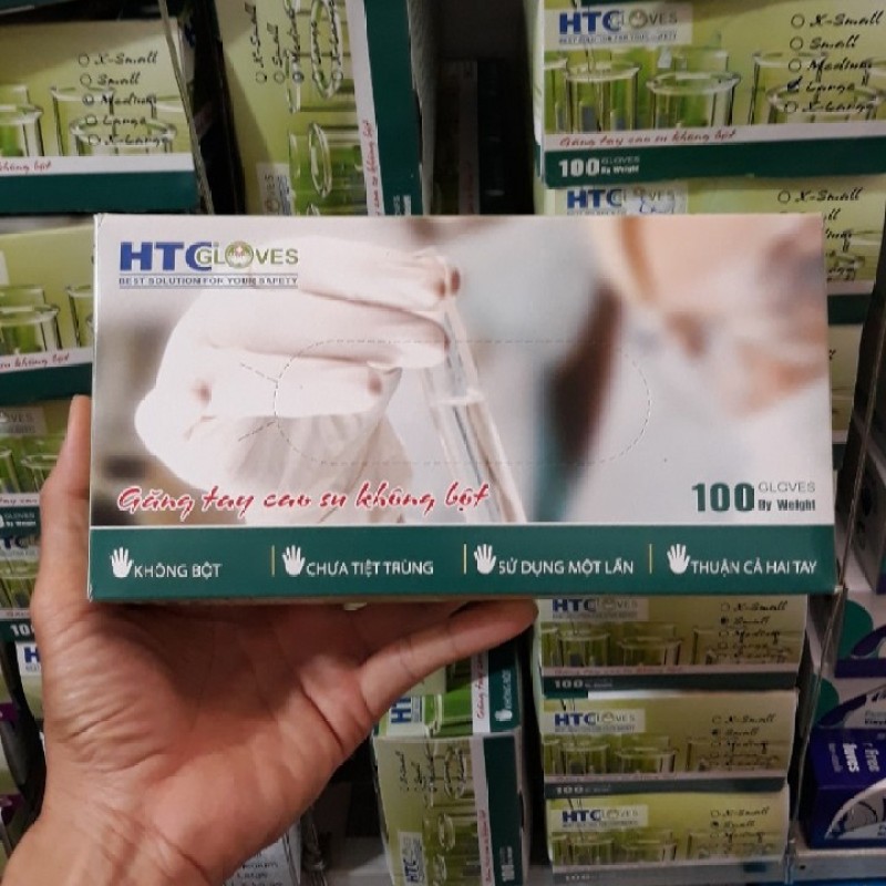 Thùng 10 Hộp Găng Tay - bao tay - y tế  KHÔNG BỘT HTC hộp 100 cái màu cao su tự nhiên