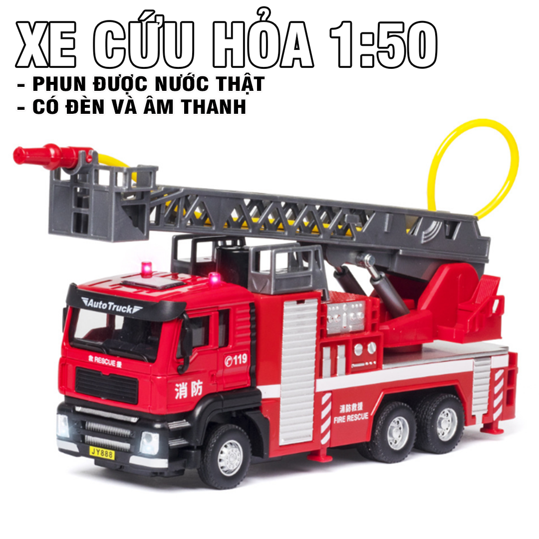 Đồ chơi xe Cứu hỏa đồ có âm thanh và đèn xe bằng sắt mô hình xe ô tô đồ chơi trẻ em 1:50